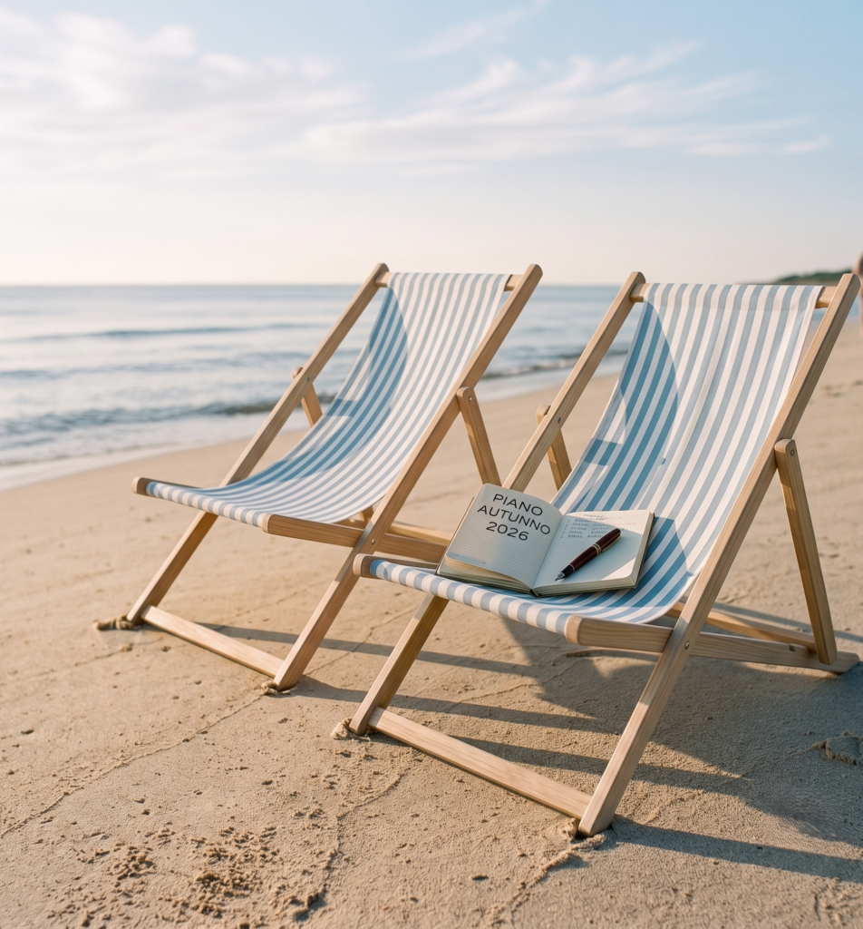 Due sedie a sdraio in legno e tessuto a righe bianche e blu su una spiaggia sabbiosa al tramonto. Sulla sedia in primo piano è appoggiato un quaderno aperto con la scritta 'PIANO AUTUNNO 2026' e una penna stilografica. Sullo sfondo, il mare calmo e la silhouette di una persona che cammina